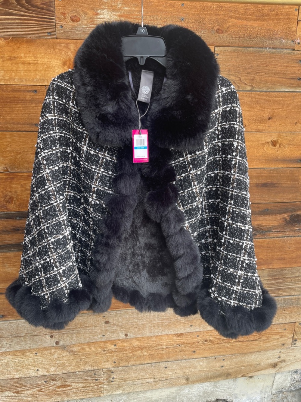Vince Camuto Black & White Tweed with Black Faux Fur Trim